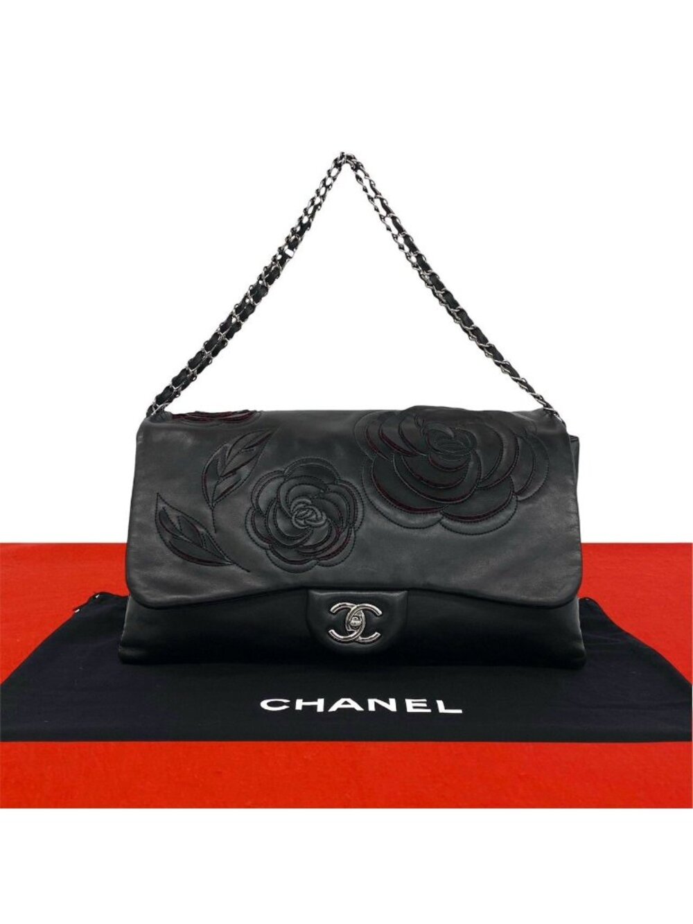 Chanel Camellia CC Logo Lambskin 2-Way Chain Shoulder Bag Black
